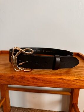 Vintage Black Leather Belt with Decorative Gold Buckle -